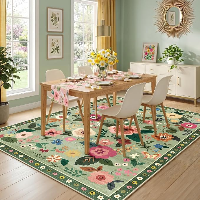 RELEANY Floral Washable 9x12 Area Rugs LightGreen | Flower Carpet Print Boho - Image 6