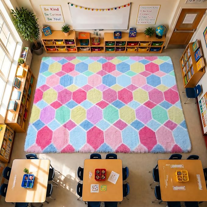 Checkered 8x10 Area Rugs for Living Room, Fluffy Pink Rainbow Girls Rug | Soft - Image 9