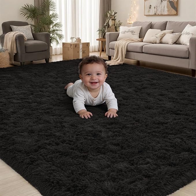 PLHXFR 5x7 Area Rugs Living Room: Fluffy Bedroom Rug Shag Carpet Black | by PLHXFRSoftAreaRugs