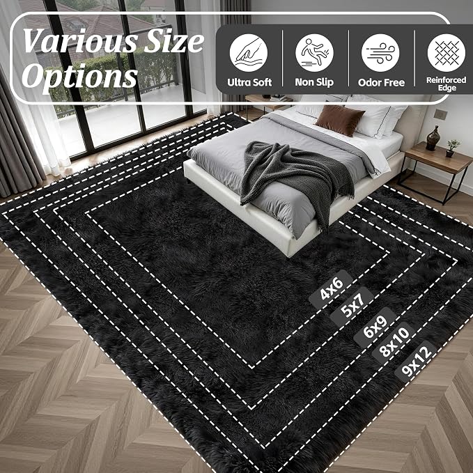 Area Rug Living Room Bedroom: 5x7 Fluffy Plush Shag Carpet Black | - Image 9
