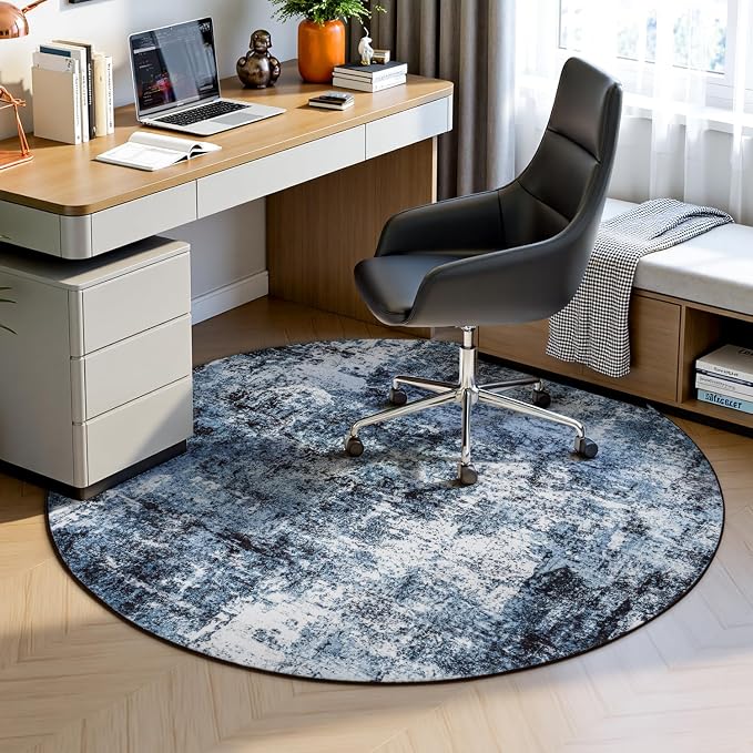 Rugflix Round Area Rugs 4Ft for Living Room, Washable Navy Blue Circle Rug | - Image 3