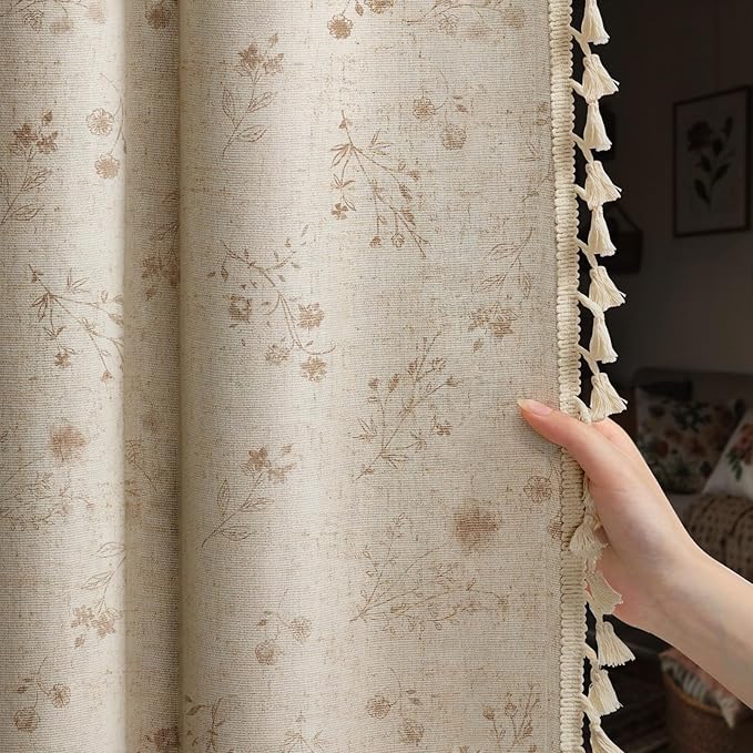 Boho Floral 100% Blackout Curtains 84 Inch 2 Panels Beige | Farmhouse Vintage by Unknown