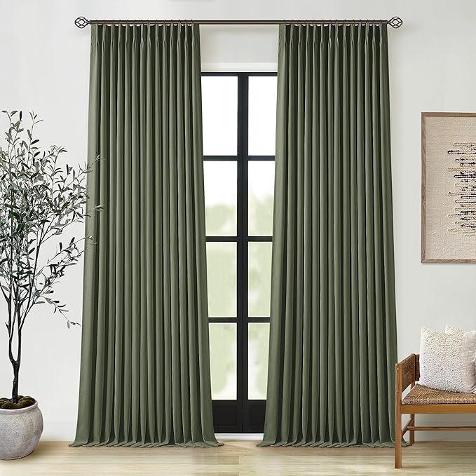 Olive Green Pleated Linen Blackout 102 Inch Curtains by Twodrapes