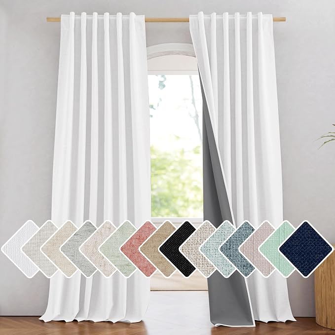 NICETOWN Greyish White 100% Blackout Linen Curtains 90" Long, Farmhouse Thick by NICETOWN