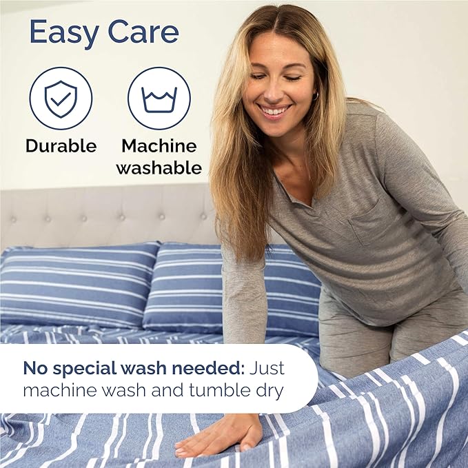 Full 6 Piece Sheet Set - Comfy Breathable & Cooling - Soft Hotel Luxury Bedding Set with 8-16 Inch Deep Pockets - 1 Flat & 1 Fitted Sheet & 4 Pillowcases - Wrinkle Free & Easy Care - Blue Stripes 3