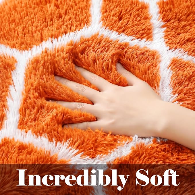 Area Rugs for Living Room, 5x8 Fluffy Orange and White Bedroom Trellis Rug | - Image 3