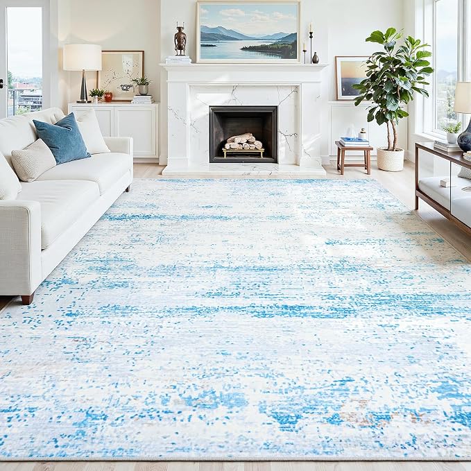 9x12 Washable Area Rug for Living Room Bedroom: Non-Slip Modern Light Blue | by Oriannal