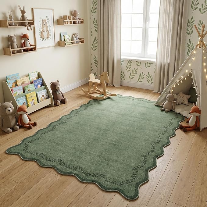 GarveeHome 4x6 Scalloped Washable Area Rug Green Nursery Kids Bedroom Rug | - Image 3