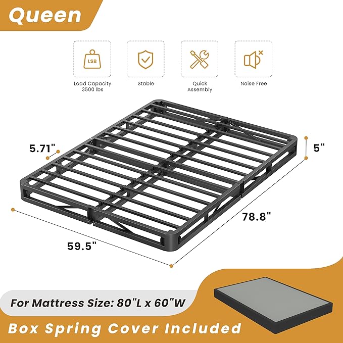 MAF 5 Inch Box Spring for Queen Bed Low Profile Queen Box Spring, Queen Size Bed Base 3500 lbs Black Heavy Duty Metal Mattress Foundation with BoxSpring Cover, No Squeaky, Easy Assembly