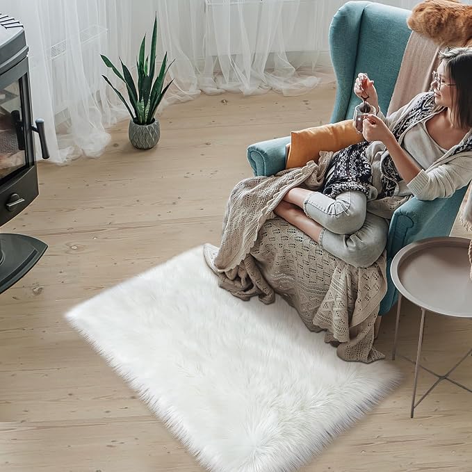 Sheepskin Faux Fur Rug, 2x3 White Fur Rug - Image 2