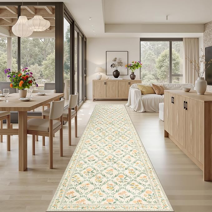 PLHXFR 2.6x14 Washable Runner Rug：Floral Indoor Kitchen Carpet Beige Multi | - Image 4