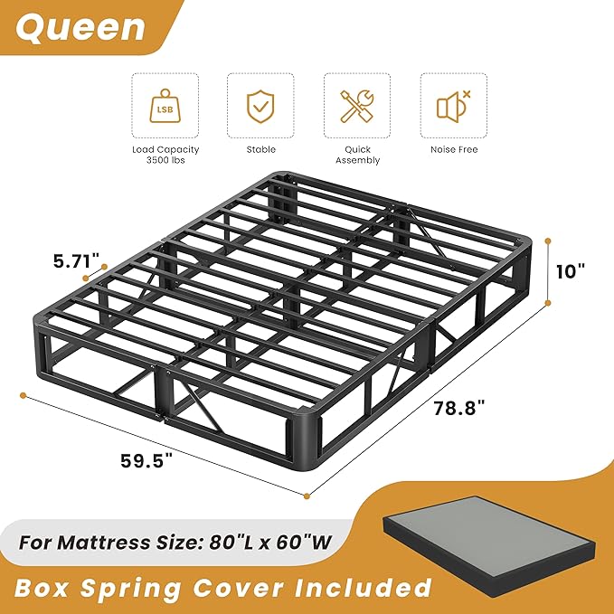 MAF Queen Box Spring 10 Inch High Profile Box Spring for Queen Bed, Queen Size Bed Base 3500 lbs Black Heavy Duty Metal Mattress Foundation with Easy Clean Cover, Easy Assembly