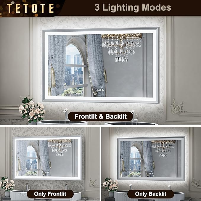 TETOTE 36x36 LED Bathroom Mirror with Lights Silver Metal Framed Brushed Nickel Front & Back Light Vanity Mirror Baroque Antifog Stepless Dimmable White/Warm/Natural,Wall Mounted(Horizontal/Vertical)