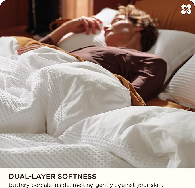 Bedsure Cotton Duvet Cover Twin - 100% Cotton Waffle Weave Coconut White Duvet Cover Twin Size, GentleSoft™ and Breathable Bedding Set for Gifts, 2 Pieces, 68"x90"