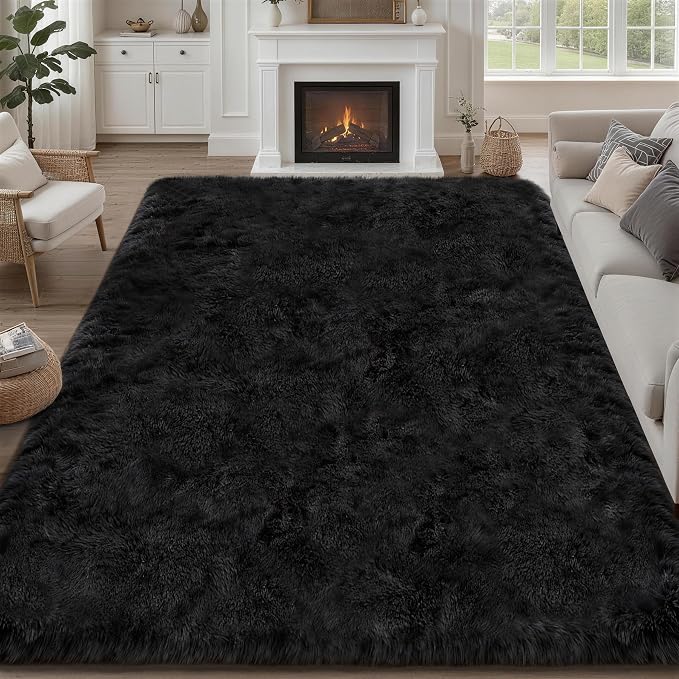 9x12 Area Rug Living Room Bedroom: Fluffy Plush Shag Carpet Black | by Luxturiy