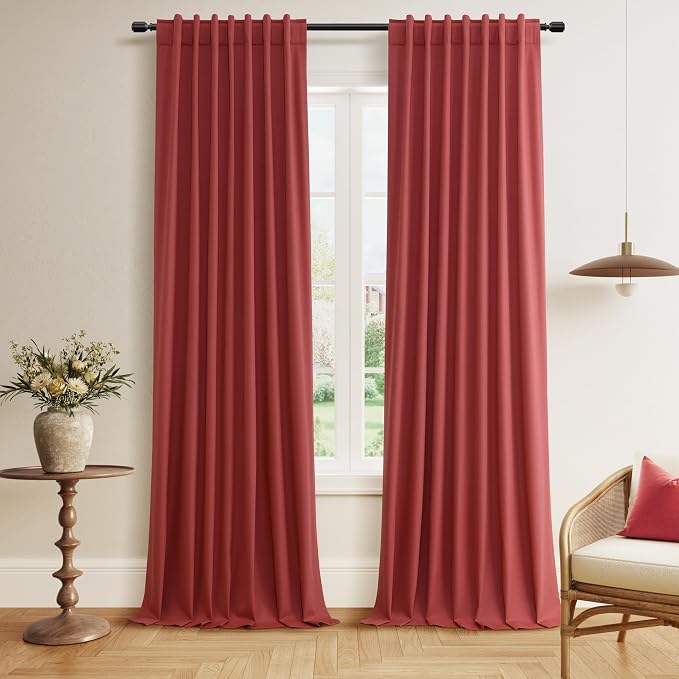 Red 100% Blackout Linen Curtains 102 Inch Length 2 Panels Set by Guken