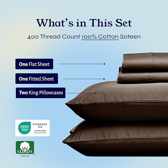 California Design Den Natural 100% Cotton King Size Sheets Set - Soft 400 Thread Count Sateen, Deep Pocket Bed Sheets, Breathable, Cooling and Durable Bedding Set - Espresso Chocolate Brown