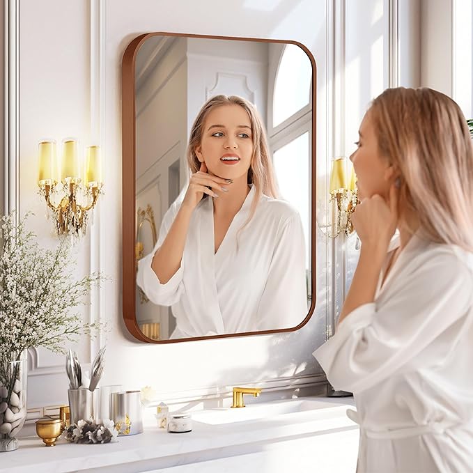 20"x30" Brushed Bronze Bathroom Mirror for Wall, Rounded Rectangle Mirror with Brown Metal Frame Hanging for Bathroom Entryway Vanity,Living Room,Bedroom,Vertical or Horizontal