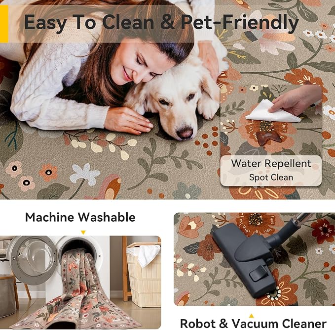 RELEANY Floral Washable 3x5 Area Rugs Brown/Brick | Flower Carpet Print Boho - Image 5