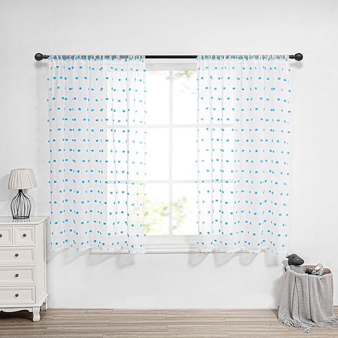 MYSKY HOME Light Blue Pom Pom Sheer Curtains for Girls Bedroom - 45 Inch, Light Filtering, Nursery, Kids Room, Rod Pocket, Cafe Style, Small Window Panels, 52 x 54 in, Set of 2