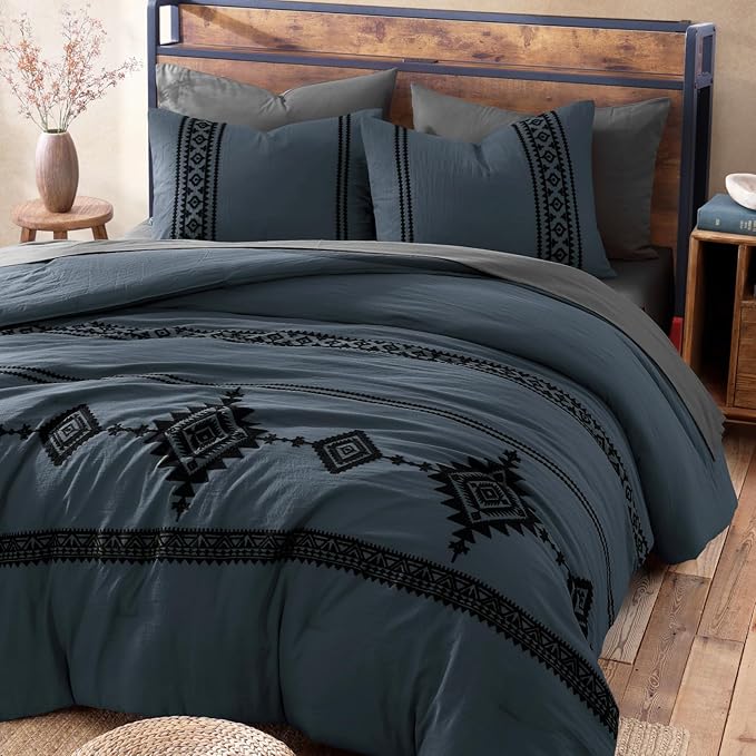 MaiRêve Embroidery King Size Comforter Set Blue Grey, Boho Farmhouse Western Bedding Set 7 Pieces, All Season Bed in A Bag Comforter Set with Sheets, Pillowcases & Shams