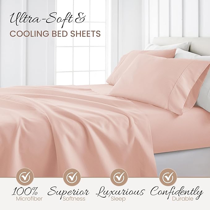 Linen Market Double-Brushed Patterned Microfiber California King Sheet Set 4 Piece – Oeko-TEX Certified Ultra Soft & Wrinkle-Free - 16" Deep Pocket Sheets Easy Care Cal-King Size - My Heart Pink