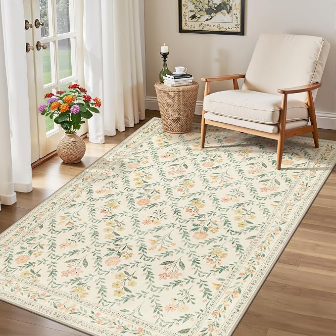 PLHXFR Area Rug Living Room: 3x5 Floral Washable Boho Carpet Beige Multi | - Image 4