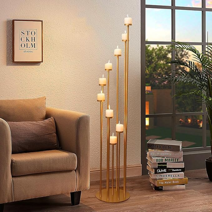 4pcs 9 Arm Candelabra, Floor Candle Holders Tall Set for Wedding Aisle Decoration,Gold Candelabras for Fireplace,Candle Stand Fit for Flameless or Wax