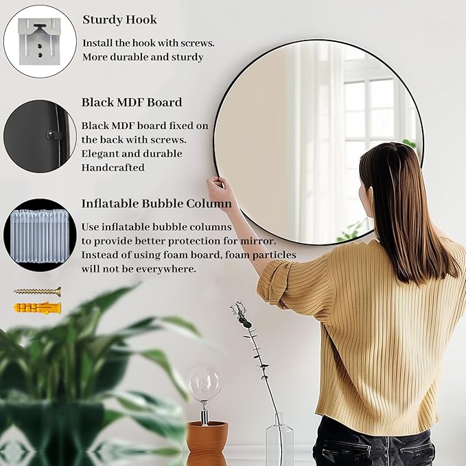 18 inch Round Mirror, Round Wall Mirror, Metal Frame Black Circle Mirror, Black Round Mirrors for Wall, Bathroom, Bedroom, Vanity, Hallway.