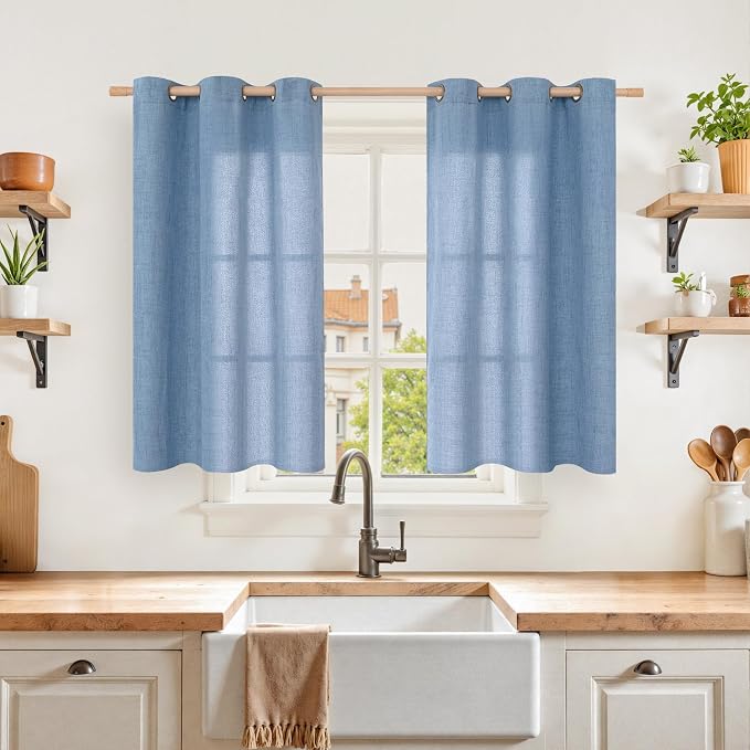 YoungsTex Light Blue Linen Curtains 40 Inches Long, Short Drapes by YoungsTex