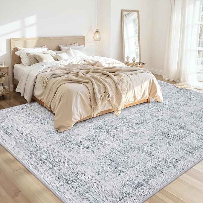 10x14 Area Rugs Living Room: Bedroom Neutral Washable Carpet Gray | Vintage - Image 2