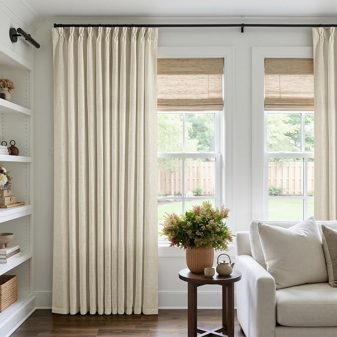 Pinch Pleated Extra Wide Beige Linen Curtain 96 Inches Long 70 Wide 1 Panel | by Twodrapes