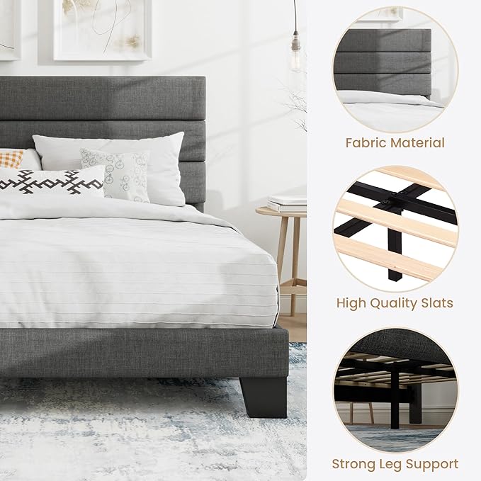 SHA CERLIN Full Platform Bed Frame with Upholstered Fabric Headboard, Mattress Foundation with Strong Wooden Slats Support, No Box Spring Needed, Grey