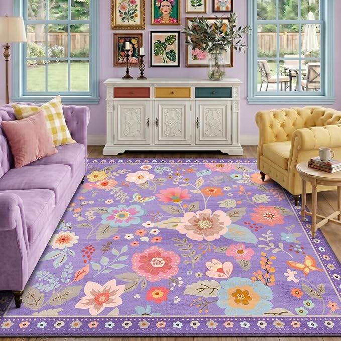 RELEANY Floral Washable Square 8ft Area Rug Purple/Pink | Flower Carpet Print by RELEANY