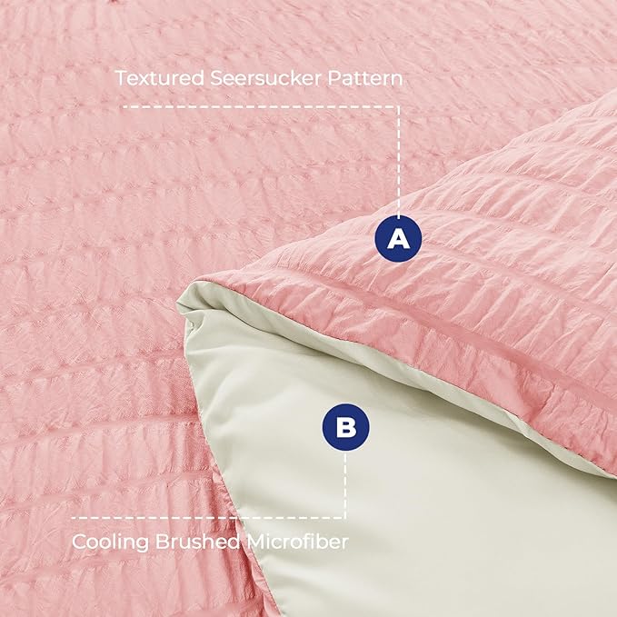 HYMOKEGE Pink/Ivory King Size Comforter Set Seersucker 7 Pieces, All Season Luxury Bed in a Bag for Bedroom, Bedding Set with Comforter, Sheets, Pillowcases & Shams