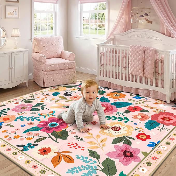 RELEANY Floral Washable Square 4ft Area Rug Pink | Flower Carpet Print Boho - Image 8