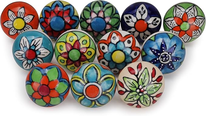 Cabinet Multicolor Assorted Ceramic Drawer Pull Handle Kitchen Cupboard Wardrobe Knob Boho Room Decorative Furniture Dresser Drawers Knobs-Pack of 12