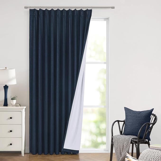 Vision Home Navy Blue Pinch Pleated Full Blackout Curtains Linen Blended Room - Image 3