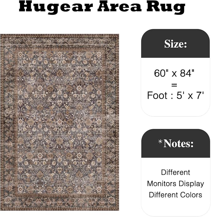 5x7 Brown Blue Vintage Floral Washable Area Rug - Image 2