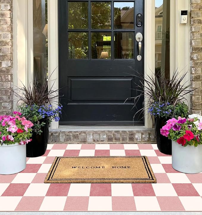 Pink White Checkered Entry Rug - Image 9