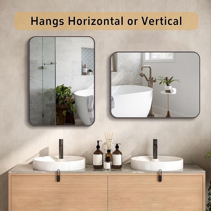 Dark Bronze Rectangle Bathroom Mirror, 30x36 Inch Brushed Titanium Metal Framed Rectangular Wall Mirror for Bathroom Vanity, Living Room, Bedroom, Farmhouse, Hangs Vertically or Horizontally