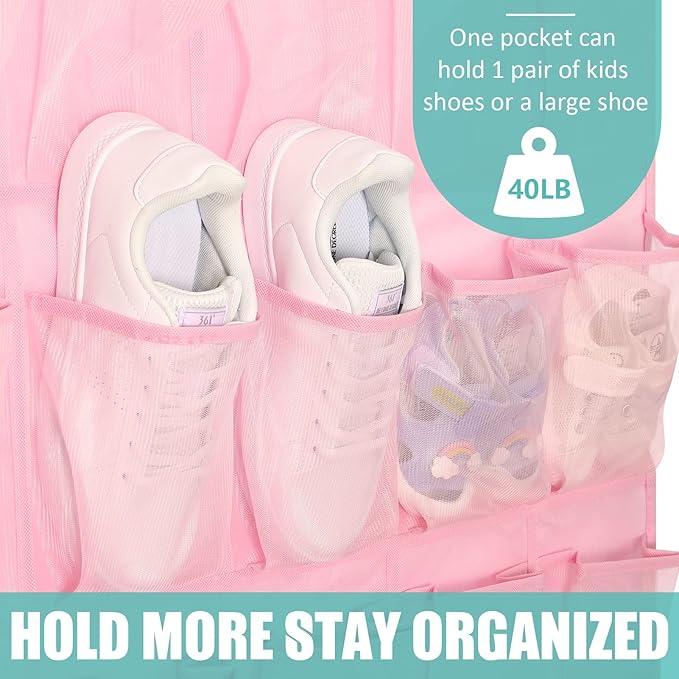 Tiblue Over The Door Shoe Organizers Pink with 35 Mesh Pockets Baby Organizer Storage Hanging Shoe Organizer Shoe Holder Rack For Toddler Girl Room Baby Room Craft Room Bedroom Pantry Bathroom Closet