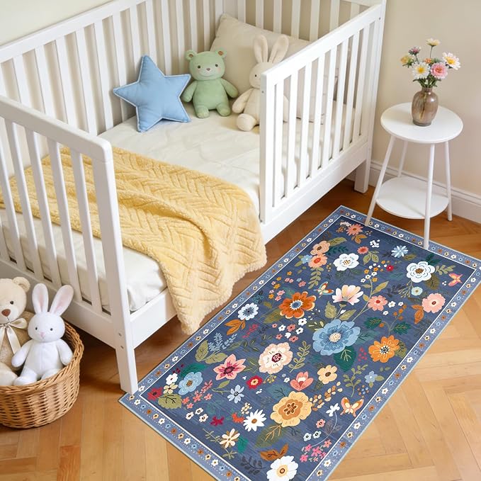 Floral Washable 2x4 Area Rugs Runner Entryway Hallway Blue/Grey | Flower Carpet - Image 2