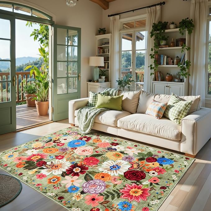 Floral Area Rug 4x6 for Bedroom Dining Room | Boho Style; Low Pile; Non by WelcometoBabovid