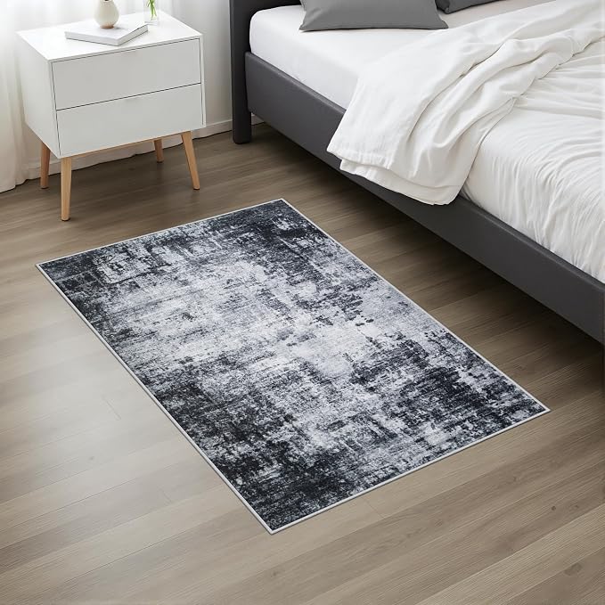 2x3 Washable Entryway Rug: Modern Abstract Soft Carpet Dark Black | - Image 3