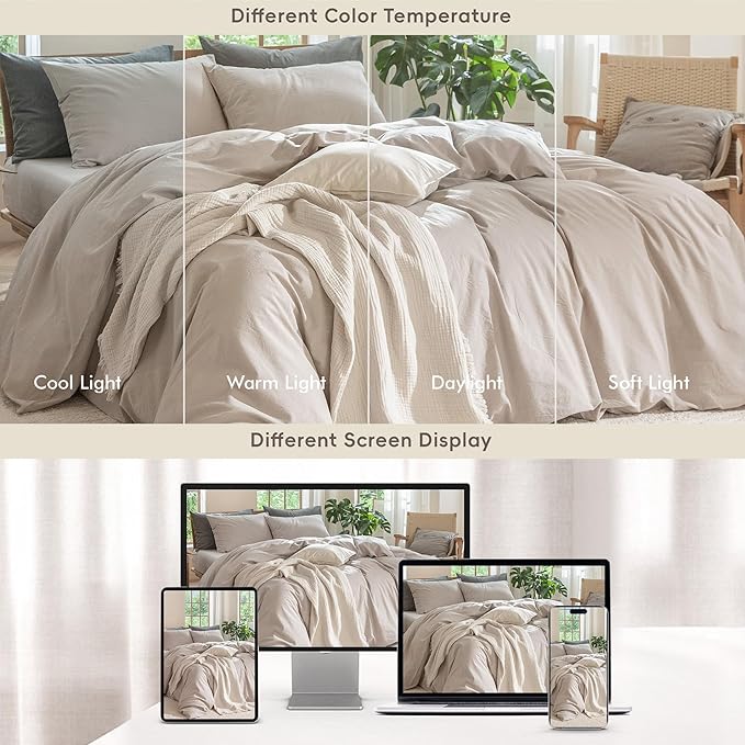 MooMee Bedding Duvet Cover Set 100% Washed Cotton Linen Like Textured Breathable Durable Soft Comfy (Solid Light Tan, Full 80"x90")
