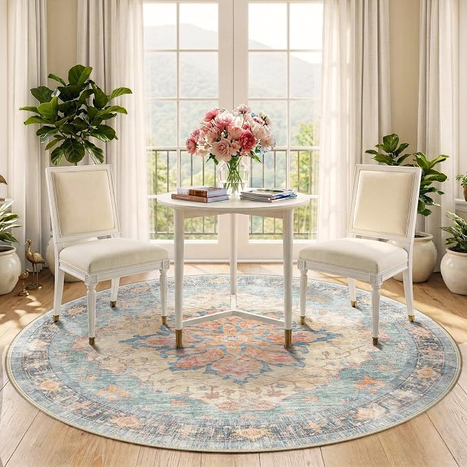 RELEANY Washable Area Rug, Round 5ft, Water Repellent, Pet Friendly, Vintage - Image 3
