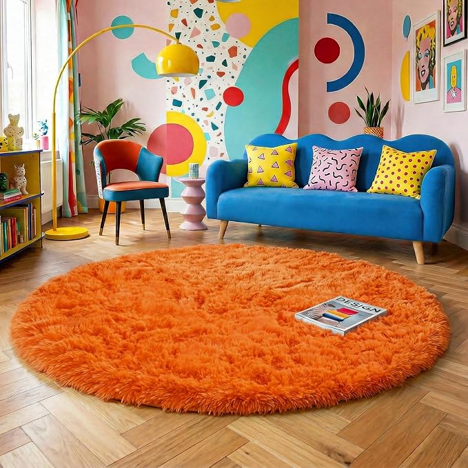 Amdrebio Orange Large Round Shaggy Area Rug 6Ft - Image 3