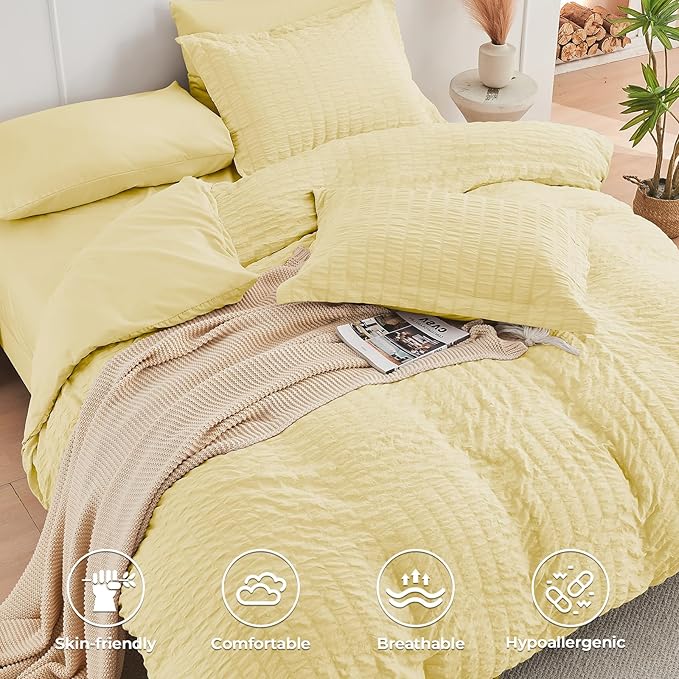 HYMOKEGE Yellow Full Size Comforter Sets Seersucker 7 Pieces, All Season Luxury Bed in a Bag for Bedroom, Bedding Set with Comforter, Sheets, Pillowcases & Shams