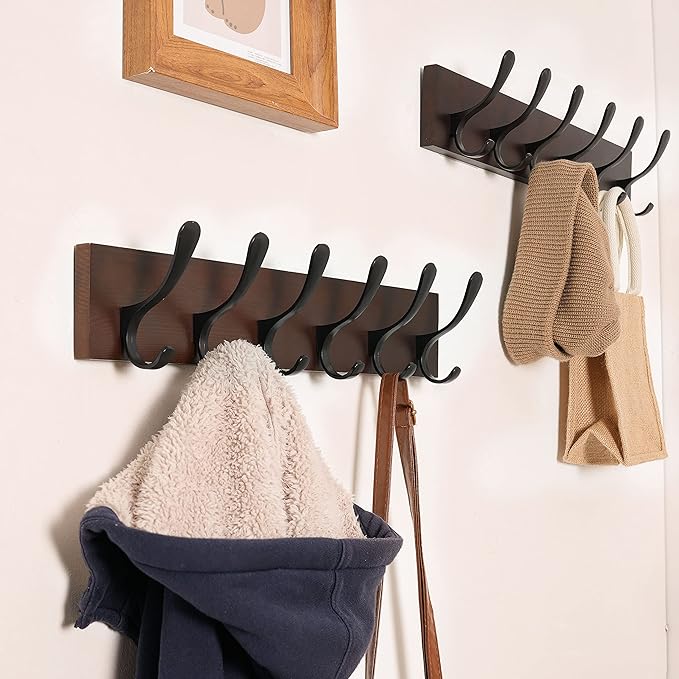 SKOLOO Coat Rack Wall Mount - Wooden Brown Wall Coat Hook, Wall Coat Hanger Rack with 6 Hooks for Hanging Coats, Hats, Clothing, Scarfs, Brown & Black